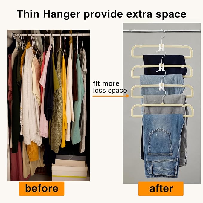 60 Pack Beige Velvet Pants Hangers with 60 Hooks Non Slip, Felt Trouser Hanger for Closet, Thin Space Saving Clothes Hanger, Strong, Durable, 360 Degree Rotatable Hook for Tank Top, Shorts