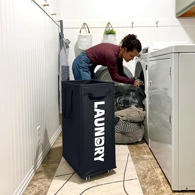 Goodpick Black Laundry Hamper with Wheels, 75L Dirty Clothes Hamper with Removable Wash Bag for Laundry Room, Rolling Laundry Basket