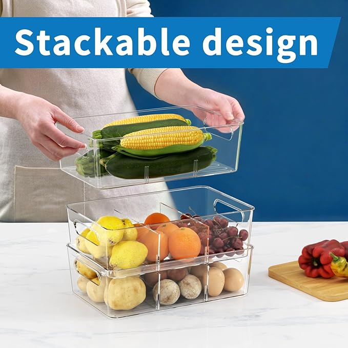 Pantry Organizers and Storage, 4 Pack Snack Organizer for Pantry Shelf,Food Storage Bins with Divider,Clear Containers for Organizing,Transparent Plastic Basket,Refrigerator and Fridge Bins
