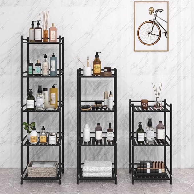 3 Tier Bathroom Storage Open Shelf Unit, Free-Standing Metal Corner Rack Shelving for Kitchen, Living Room, Hallway (Matte Black, 3 Tier)