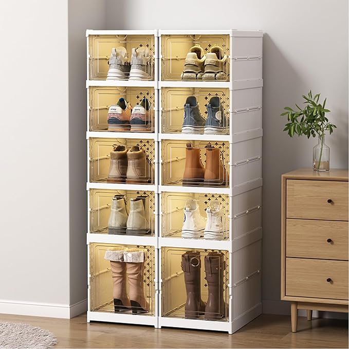 5 Tiers Stackable Shoe Storage Organizer bins open front, Space Saving Shoe Rack Holder Boxes,Moving Cabinet Bins Sturdy, Clear