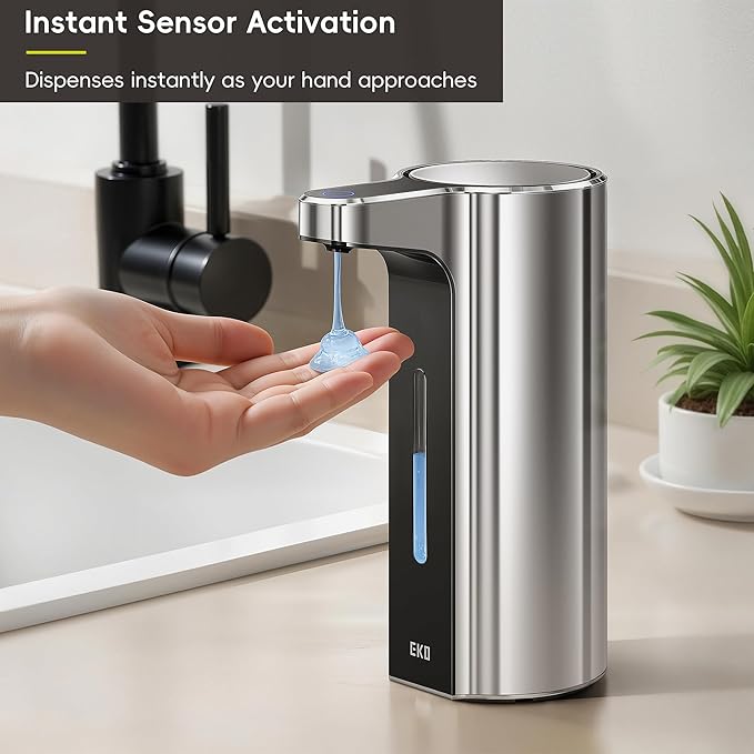 EKO Aroma Pro 13.5 fl oz Touchless Automatic Liquid Soap Dispenser, Rechargeable Hand & Dish Soap Dispenser for Bathroom and Kitchen, Waterproof, Adjustable Volume Control (Chrome Metallic)
