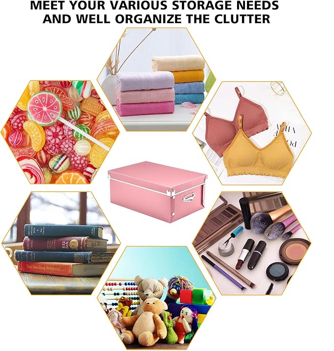 SEEKIND Storage Box, Decorative Storage Bins with Lid,3 in 1 Set,Plastic,with Handles,Press-Stud Fastening,Moisture-proof,Foldable for Space Saving Storage,for Clothes,Cosmetic,Blankets (Pink) … …