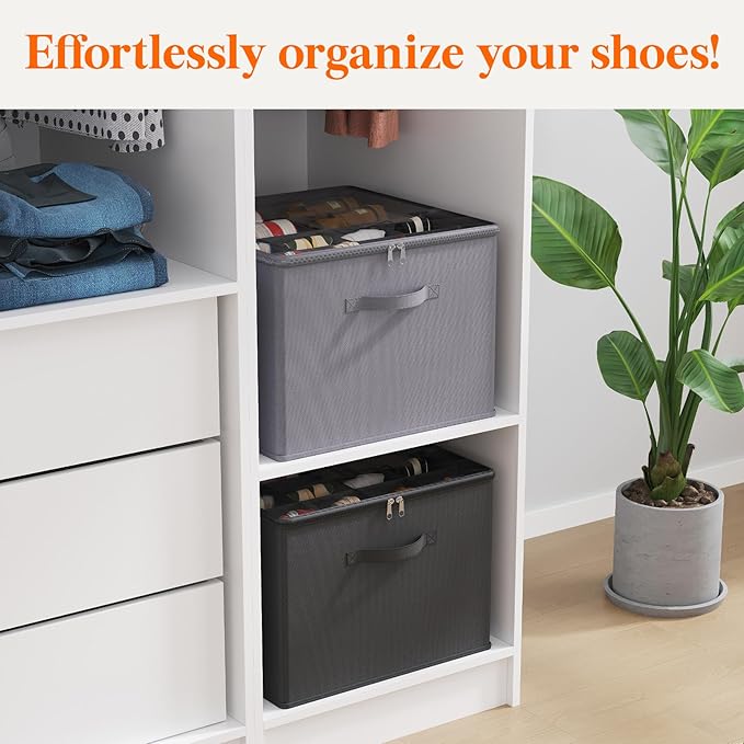 Lifewit Shoe Storage Organizer for Closet, Fabric Large Shoe Box Storage Containers with Clear Cover, Foldable Bins for Boots Heels Sneakers Fits 96-128 Pairs (Each 12-16 Pairs) 8 Pack Gray