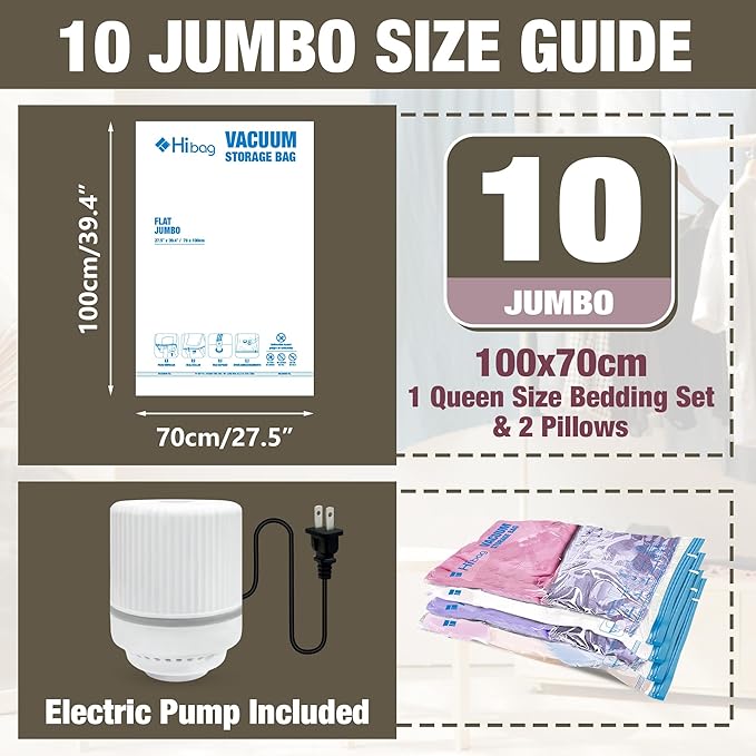HIBAG Jumbo Vacuum Seal Bags for Clothing with Electric Pump, Vacuum Storage Bags for Clothes, Pillows, Blanket Bedding Comforters, 10 pack