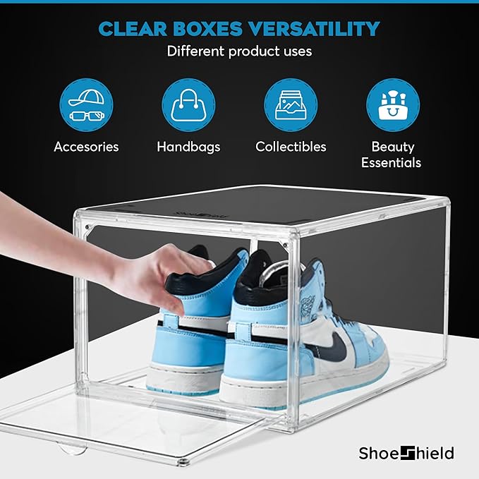 Ultra All Clear Shoe Boxes Plastic Stackable Professional Grade Shoe Display Case with Magnetic Front Drop Door Open Easy Assembly Modern Shoe Sneaker Display Case Fits US Size 14