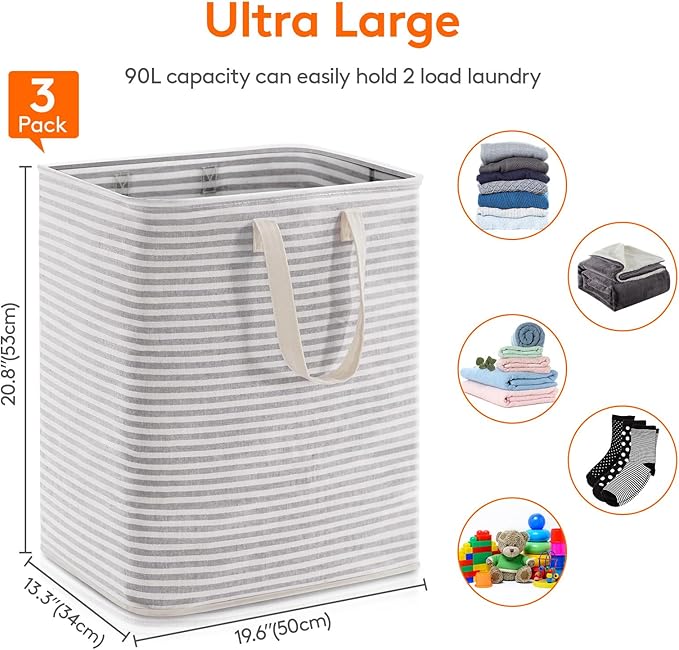 Lifewit 3 Pack Laundry Hamper Large Collapsible Laundry Baskets, Freestanding Waterproof Clothes Hamper with Easy Carry Handles in Laundry Room Bedroom Bathroom College Dorm, Grey, 3 x 90L