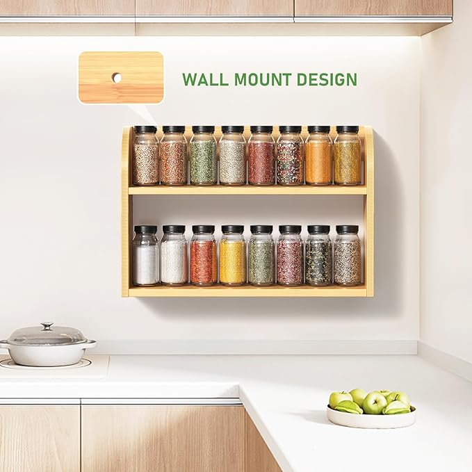 2 Tier Bamboo Spice Rack, Countertop or Wall Mounting Wood Spice Jars Organizer Shelf for Kitche, Pantry (Natural)