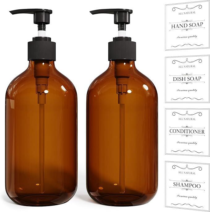 2PCS Amber Dish Soap Dispenser for Kitchen (16 Oz), Brown Hand Soap Dispenser for Bathroom, Plastic Soap and Liquid Dispenser Set with Rust Proof Pump, Refillable Soap Pump Bottles, Waterproof Labels