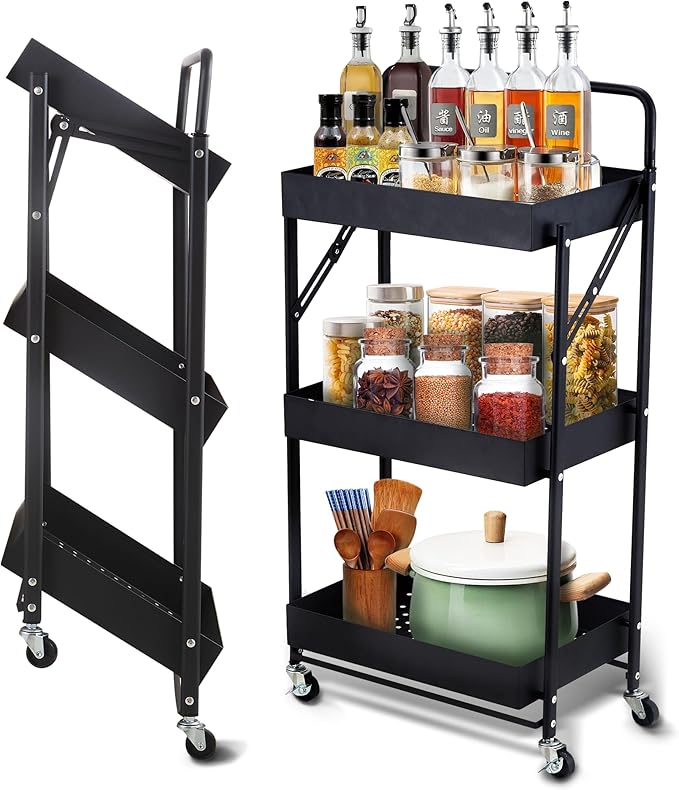 Folding Storage Rack 3-Tier Mesh Storage Shelf Portable Closet Shelving Unit with 360°Removable Wheels for Kitchen/Living Room/Bathroom/Laundry Room/Pantry/Garage/(Max Load Capacity 200 lb)