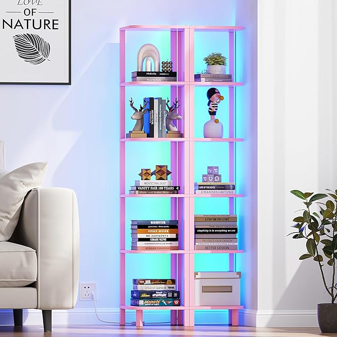 TUTOTAK Corner Shelf with LED Light, 6-Tier Corner Bookshelf for Small Space, Narrow Display Corner Shelf Stand with Storage Rack, for Living Room, Bedroom, Pink BS08BP006L