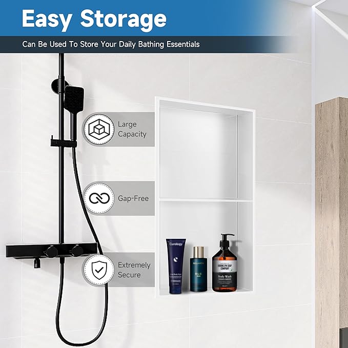 BATHFINESSE Shower Niche 9" X 25" White, Stainless Steel Wall Niche Double Shelves Recessed Shower Shelf for Bathroom Storage, No Tile Needed Over Mount Installation