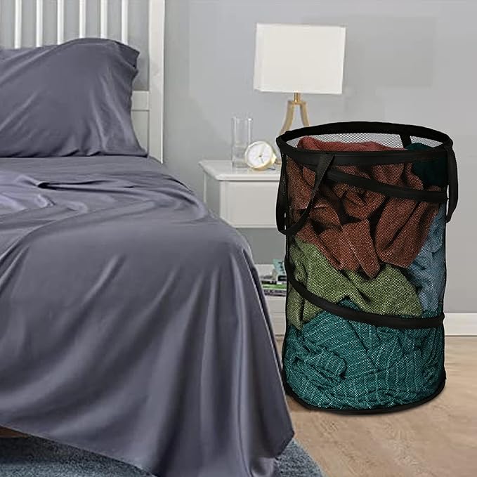 BATTOO 2 Pack Black X-Large Collapsible Laundry Basket Foldable Mesh Pop Up Hamper with Handles for Laundry Room, Bathroom, Kids Room, College Dorm, Travel, Camping, Gift Basket