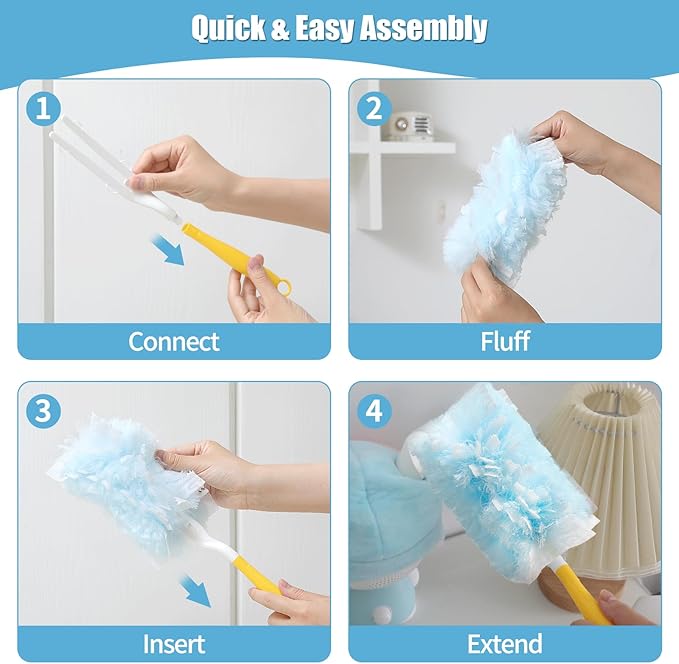 40 Count 360° Heavy Duty Duster Refills Compatible with Swiffer, Large Size-Extra Thick Disposable Electrostatic Duster Refill with 1 Short Handle for Furniture, Blinds, Ceiling Fans