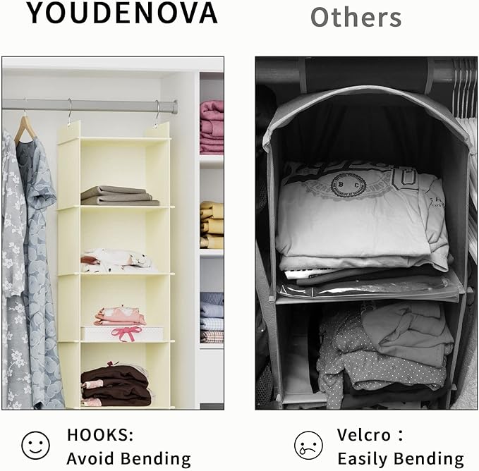 YOUDENOVA Hanging Closet Organizer, 4-Shelf Closet Hanging Shelves, Beige