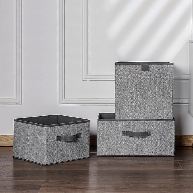 Storage Baskets, 11.8-Inch Woven Fabric Bins, Storage Cubes with Reinforced Handles, Organizer Bins for Closet Shelves, Foldable, for Toys, Clothes (3PCS/Grey-11.8*11.8*11.8inch)