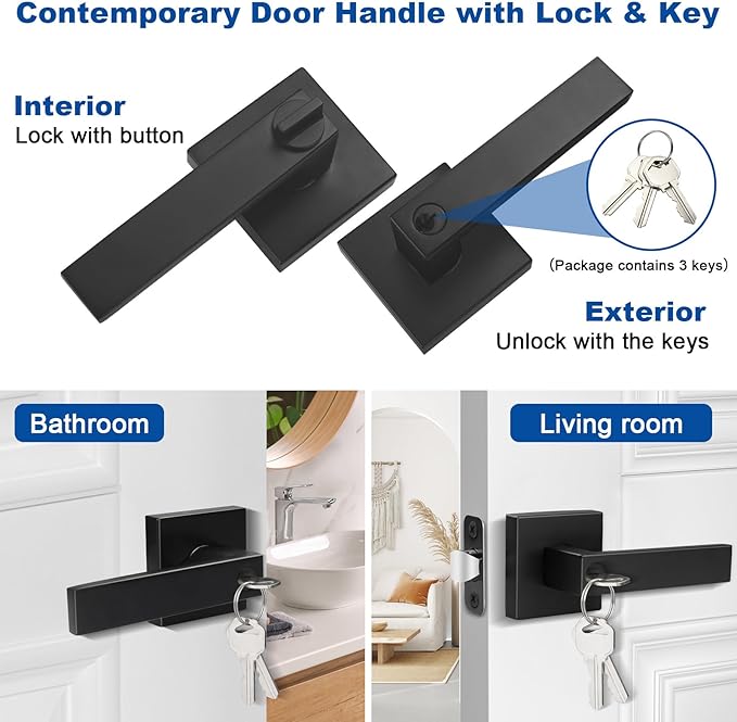Estmoon Entry Door Handle, Black Door Knob with Lock and Key, Entrance Front Door Lock Heavy Duty Keyed Exterior Door Knob for Bedroom, Bathroom, Front Door, Office, 1 Pack