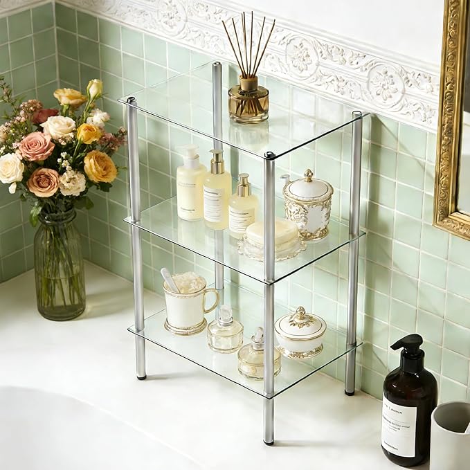 HOOBRO Glass Shelf, 3 Tier Bathroom Standing Shelf Unit, Tempered Glass Shelving Stand for Small Space, Perfume Stand Organizer, Space-Saving, for Bathroom, Bedroom, Steel Frame, Silver SV03CJ01
