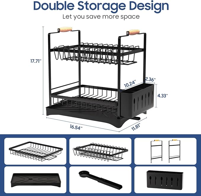 2-Tier Large Dish Drying Rack for Kitchen Counter with Drainboard and Cutlery Holder, 2 Tier Dish Drying Rack, Black,16.54" D x 11.81" W x 17.71" H