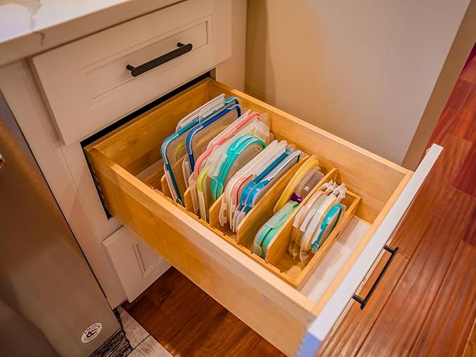 Umilife Large Food Container Lids Organizer for Kitchen Cabinet and Drawer, Bamboo Organizer with 5 Tall Adjustable Dividers, Plastic Lids Organization and Storage