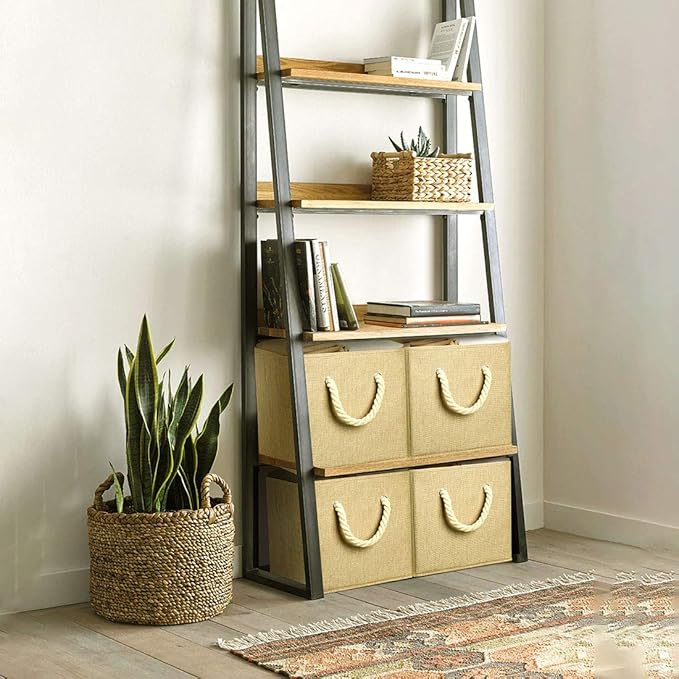 i BKGOO Foldable Storage Cube Bins Khaki Linen Fabric Collapsible Resistant Basket Box Organizer with Cotton Rope Handle for Home Office and Nursery 10.5x10.5x11 inch