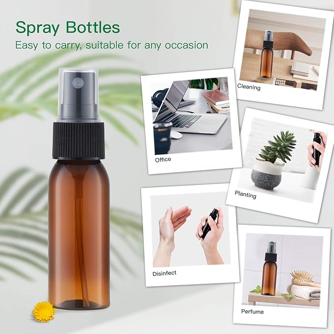 LISAPACK 1oz Amber Small Plastic Spray Bottle (12 Pack) Empty Mini Fine Mist Travel Size Atomizer, Tiny Sprayer for Little Perfume, Water, Cologne, Alcohol, Samples (Brown, 30ml)