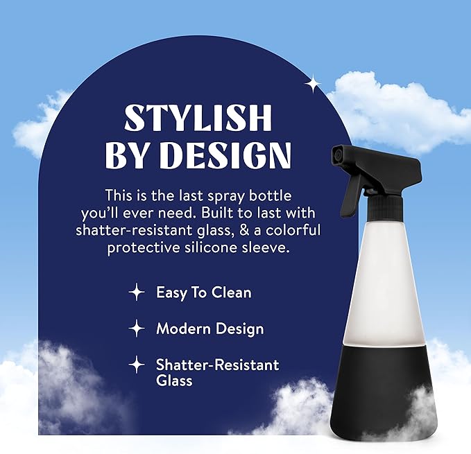 Cleancult Glass Spray Bottles (16oz, 2 Pack) - Refillable All Purpose Cleaning Spray Bottle - BPA-Free Plastic Nozzle & Non Slip Silicone Sleeve - Shatter Resistant, Dishwasher Safe - Matte Black
