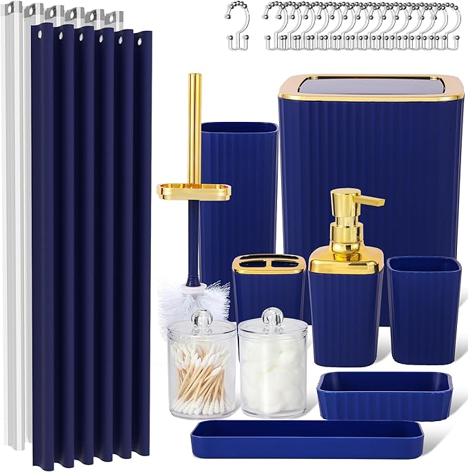 Navy Blue Bathroom Set, 23 PCS Bathroom Accessories Set with Shower Curtains, Trash Can, Toothbrush Holder, Soap Dispensers, Toothbrush Cup, Vanity Tray, Soap Dish, Toilet Brush, Qtip Holders