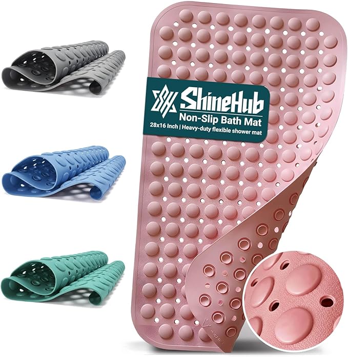 ShineHub Non-Slip Bath Mat for Tub Shower, TPE Machine Washable Bathroom Essentials with Suction Cups, Quick-Dry 28x16 inch (Dusty Blossom Pink)