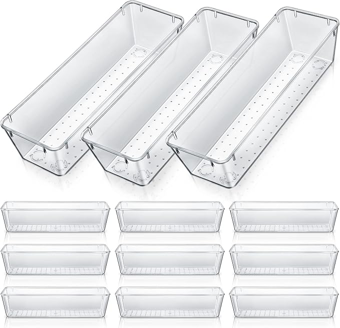 Maitys 12 Pcs Clear Drawer Organizer 9 x 3 x 2 Inches Plastic Rectangle Trays Makeup Vanity Storage Bins and Kitchen Drawers Dividers for Office Desk Silverware Kitchen Utensils(Clear)