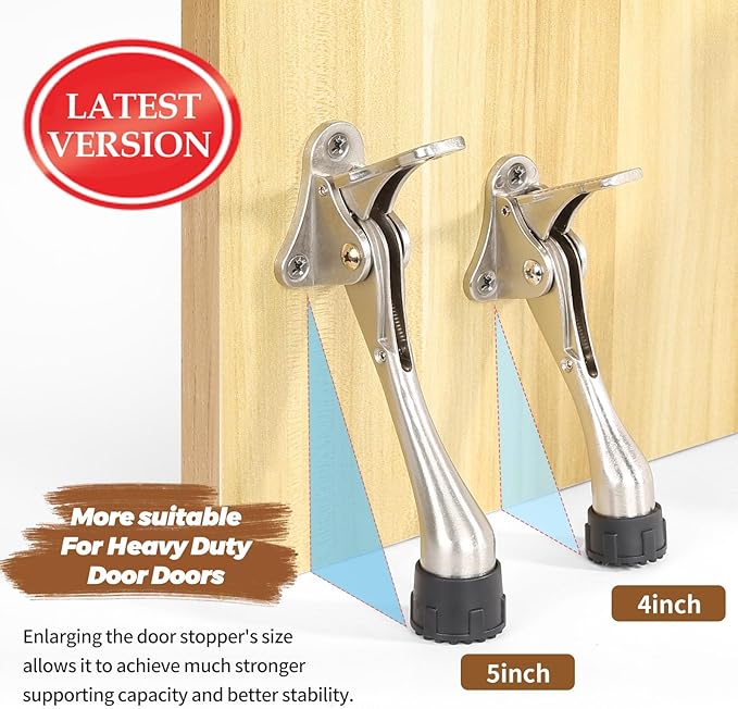 Kickdown Door Stopper 5Inches - 2 Packs One Touch Adjustable Height Door Stop for The Bottom of Door The Bottom of Door Aluminum Alloy Metal Door Stopper with Rubber Tip Silver
