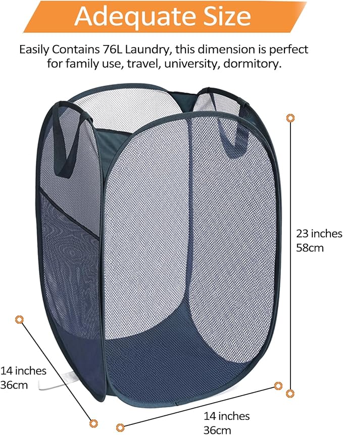 Navy Blue Durable Foldable Laundry Hamper, 22.8 x 14.2 x 14.2 inches