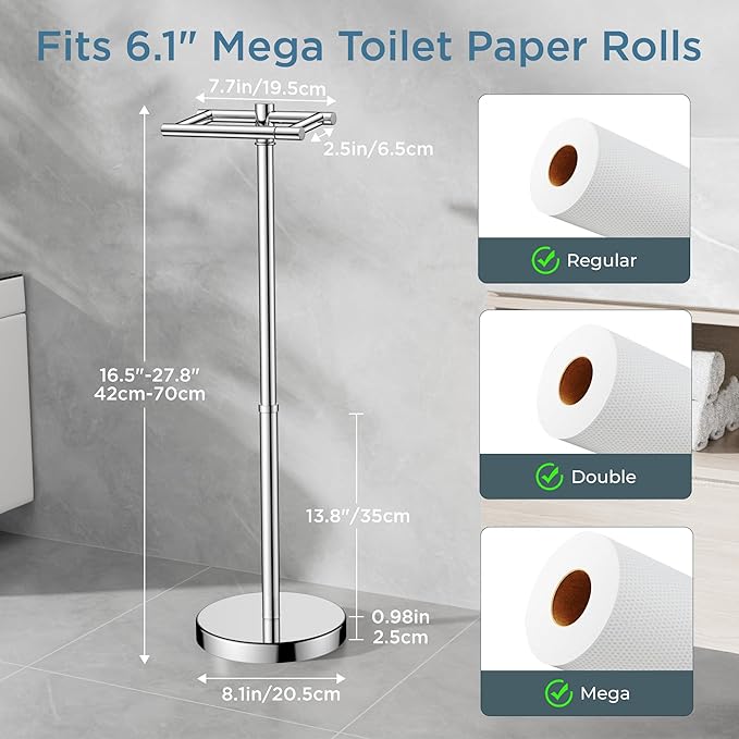 Toilet Paper Holder Stand Adjustable, Freestanding Tissue Roll Holder for Bathroom, Pivoting Design, Durable SUS 304 Stainless Steel and Weighted Base Toilet Paper Stand, Storage (Chrome)