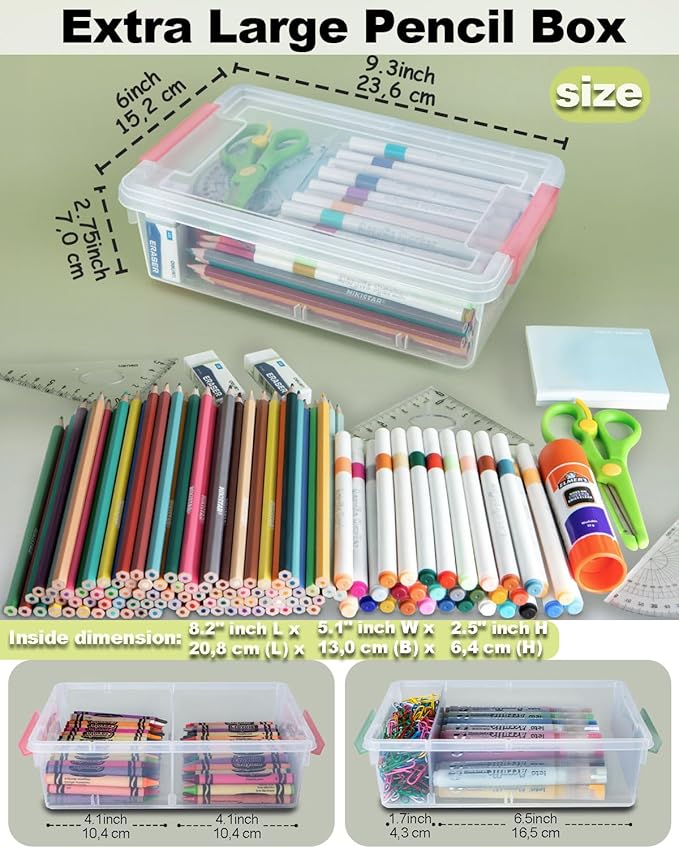 6 Pack Extra Large Pencil Box with Removable Divider, Thickened Pencil Case Bulk, Clear Crayon Marker Organizer Stackable Plastic Small Storage Containers for Pen Craft School Supplies (Multi)