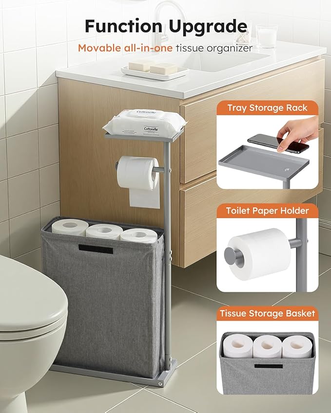 SOLEDI Freestanding Toilet Paper Holder Stand,Bathroom Toilet Paper Storage Organizer with Lid for up to 12 Rolls,Featuring Shelf and Sturdy Metal Base,Gray