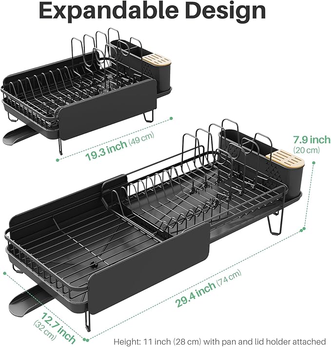 SNTD Large Dish Drying Rack - Expandable (19.3" to 29.4") Dish Rack for Kitchen Counter, Stainless Steel Dish Drainer with Utensil Holder, Pan Holder & Pot Lid Holder, Black