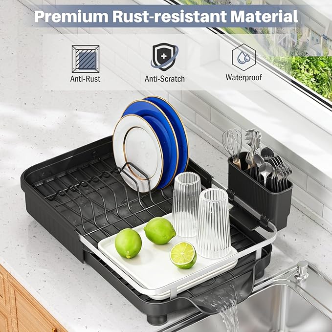 Dish Drying Rack – Expandable Dish Rack for Kitchen Counter, Stainless Steel Dish Drainer with Utensil Holder, Black