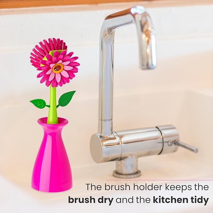 Vigar Flower Power Dish Brush with Handle and Vase Dish Brush Holder, Kitchen Scrub Brush for Pot Scrubber, Dishes, and Sink Cleaning, Pink, Green