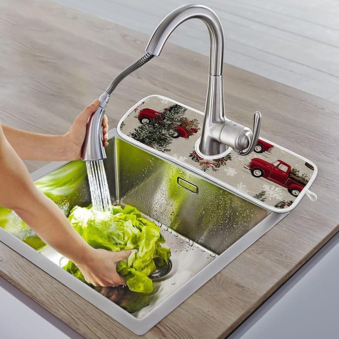 Sink Faucet Absorbing Mat Kitchen Sink Splash Guard Splash Faucet Drip Catcher for Bar RV Bathroom 2PCS 23.6x5.5in Watercolor Christmas Trees and Trucks Box