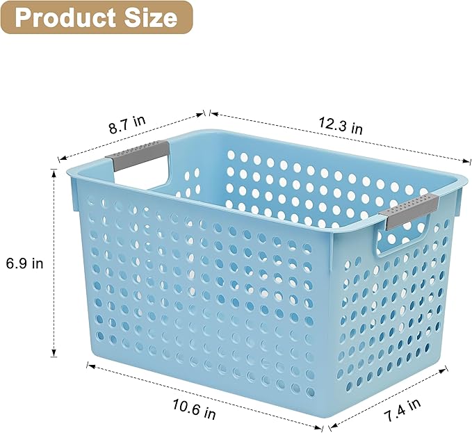 Soddeph 4 Pack Plastic Deep Storage Basket with Handles, Cubbies Organizer Bins with Hollow Design for Under Counter, Closet, Kitchen or Bathroom 12.3" × 8.7" × 6.9" (Blue, Medium)