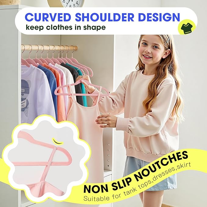 Kids Hangers 50 Pack,14 Inch Kids Velvet Hangers Slim & Space-Saving,Baby Clothes Hangers with 360 Swivel Hook,Heavy Duty Hanger for Infant & Childrens Coats, Pants,and Dress (Pink)