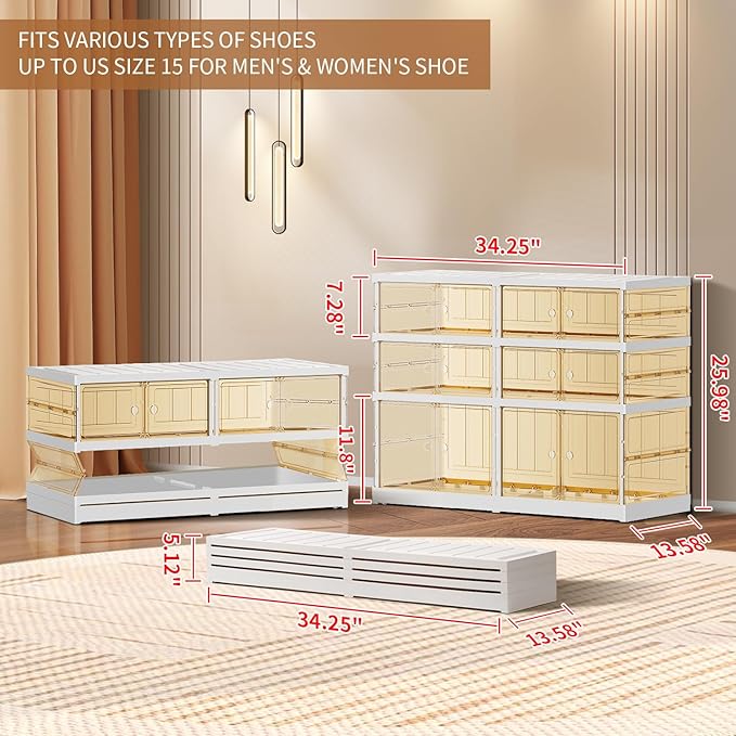 EHAMILY 3 Tiers 6-12 Pairs Foldable Shoe Boxes Large Plastic Shoe Storage Rack Collapsible Shoe Organizer for Closet Clear Stackable Shoes Shelf Storage Cabinet with Doors Quick Assembly