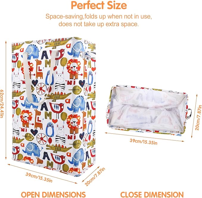 Odonata Slim Laundry Hamper Handles Collapsible Laundry Basket Thin Dirty Clothes Basket Narrow Laundry Bag Foldable Dirty Hamper 48L (Animal)