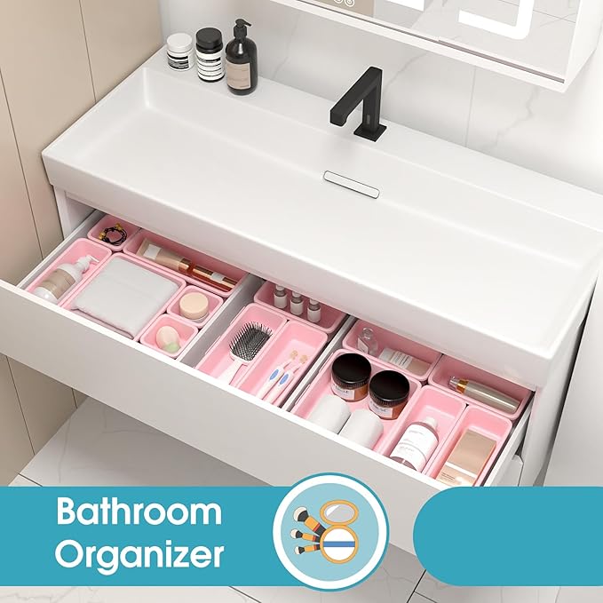 16 PCS Drawer Organizer Set, 4 Size Makeup Drawer Divider Organizer With Non-Slip Pads, Interlocking Plastic Storage Bins for Office,Jewelry Vanity,Gadgets, Bathroom,Kitchen, Pink