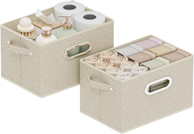 Open Storage Baskets, Collapsible Cube Bins, Fabric Container Organizer with Metal Handles, Boxes for Shelves, Closet, Living Room, 10.2x7.9x6.7in, Grey and Beige, 2 Pack
