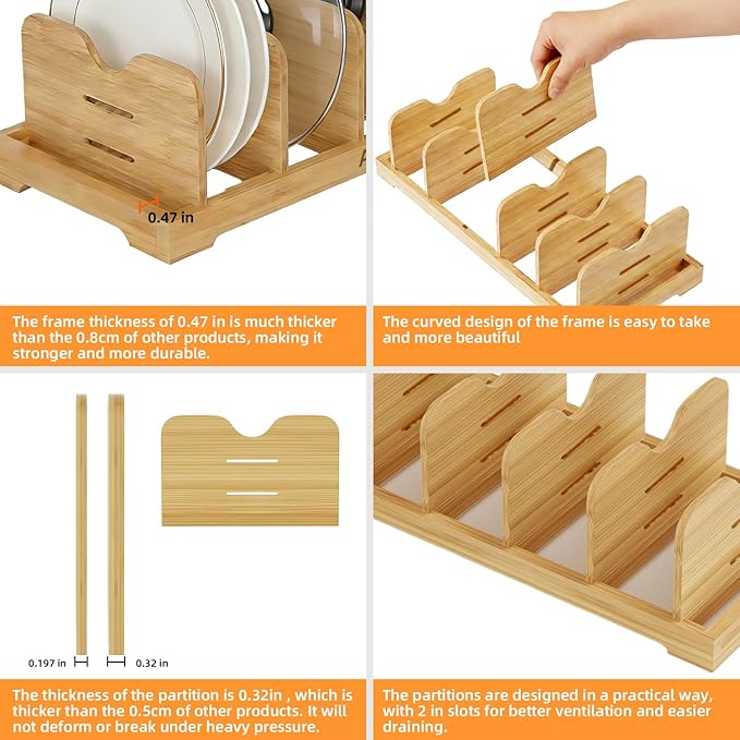 Pots and Pans Organizer Under Cabinet, Cutting Board/Baking Sheets Storage Rack, Adjustable Bamboo Pot Lid Holder, Pot Lid Organizer Inside Cabinet, Pot and Pan Organizers(Natural)