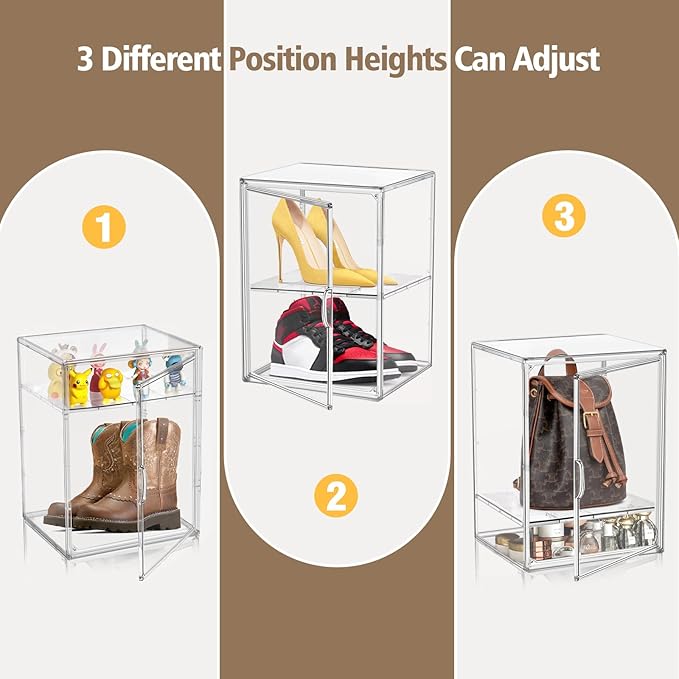 2 Pcs Shoe Display Case, XX-Large 15.3'' Tall Boot Storage Box Transparent Handbag Organizer for Closet Acrylic Shoe Box Clear Plastic Stackable Sneaker Collectibles Case with Detachable Divider
