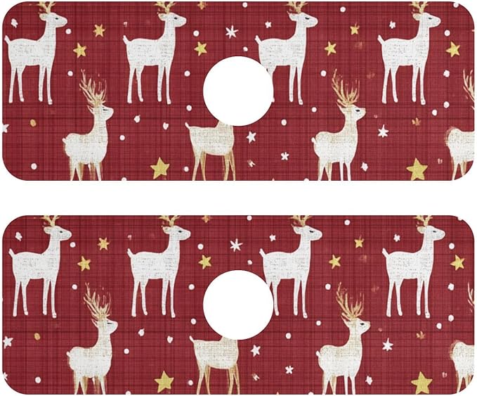 Kitchen Sink Splash Guard 2 PCS 14.7 Inch Sink Faucet Mat Splash Guard for Bathroom Countertop Water Absorbent Foldable Cuttable Soft Washable Red Christmas Reindeer Star Dots