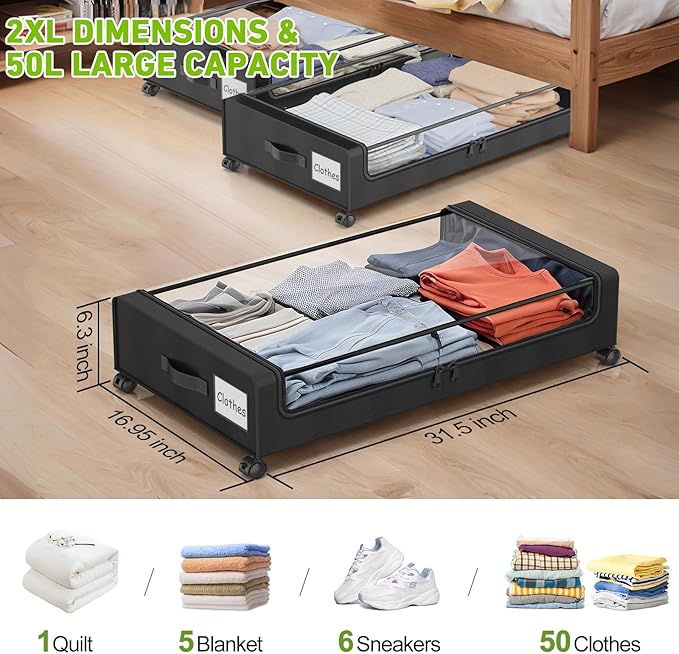 Under Bed Storage with Wheels, 2-Pack Underbed Storage Containers with Clear Lids, Under Bed Shoe Storage Organizer, Rolling Under the Bed Storage Bins for Clothes Shoes Blankets (Black)
