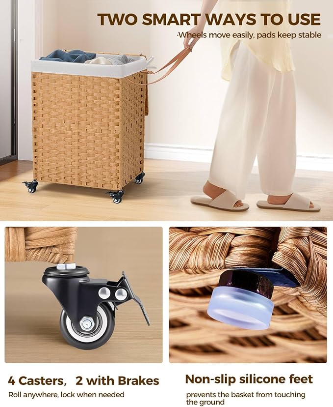 Greenstell Laundry Hamper with Wheels, No Install Needed, 110L Divided Handwoven Hampers & 2 Removable Liner Bags, Synthetic Rattan Clothes Laundry Basket with Lid & Handles, Foldable Hampers Natural